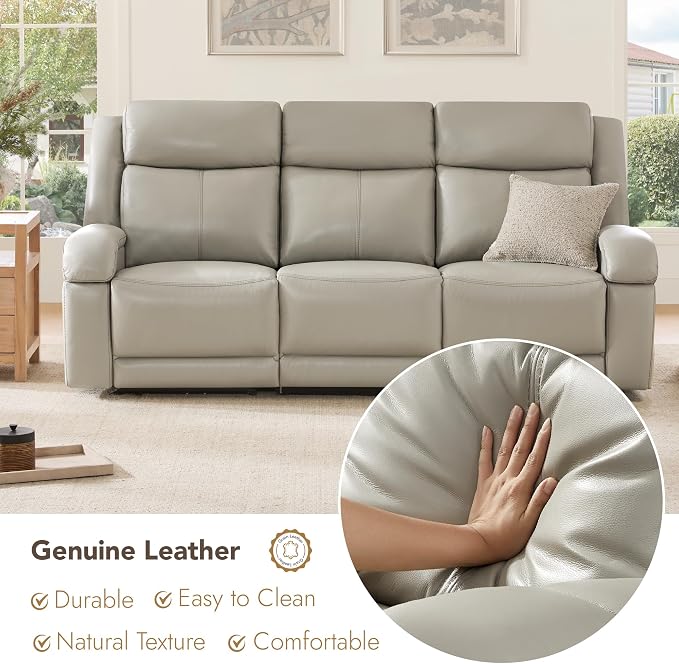 Watson & Whitely Genuine Leather Power Recliner Sofa, 3 Seater Wall Hugger Reclining Sofas with Power Headrest, USB & TypeC Ports, Electric Recliner Couch Set for Living Room, Grey