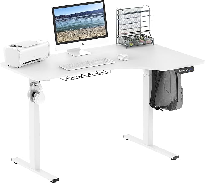 SHW 55-Inch Large Electric Height Adjustable L-Shaped Standing Desk with Right Facing Corner, White