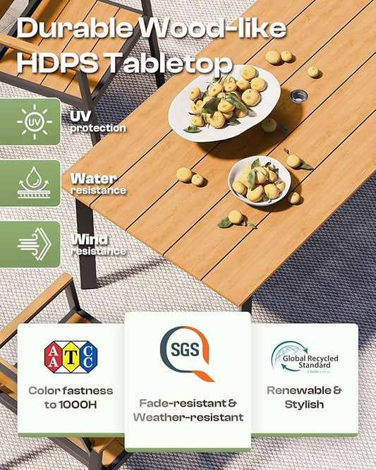 Outdoor Dining Set for 8, Patio Table and Chairs Set with Umbrella Hole, 10 Pieces HDPS + Aluminum Outdoor Furniture Sets for Patio, Garden (Gray & Teak)