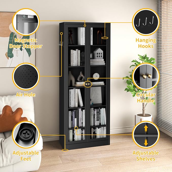 Kitchen Pantry Cabinet, 72" Tall Pantry Storage Cabinet with Adjustable Shelves and Glass Doors, Metal Storage Cabinets with Handle for Living Room, Kitchen, Assemble Required (Black)