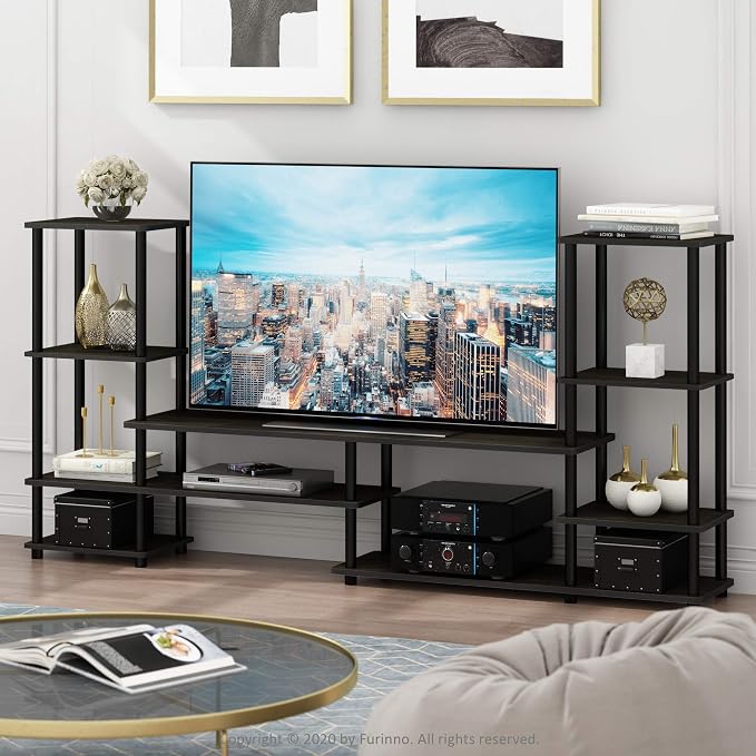 Furinno Turn-N-Tube TV Stand, Wide Open Frame Entertainment Center with Storage, TV Console with Tall Side Shelves for TV up to 48 Inch, for Living Room, Bedroom, Espresso