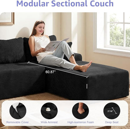 Hobestluk Modular Sectional Sofa Couches L-Shape Couch 3 Seat Modular Sofa Memory Foam Sectional Couches for Living Room, Cloud Couch with Oversized Chaise (Black Corduroy, 108", Right Hand Facing)