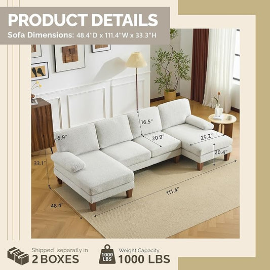 VINGLI 110' U-Shaped Sectional Couch with Two Chaise, Affordable Small Sofa with 4 Seats, Chenille Fabric Comfy Couches for Living Room, Beige