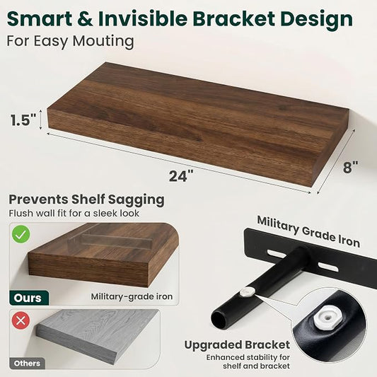 Floating Shelves for Wall, 24 Inch x 8 Inch Deep Wall Mounted Wood Shelf with Invisible Brackets for Storage & Display, Living Room Bedroom Kitchen, Walnut, Set of 2