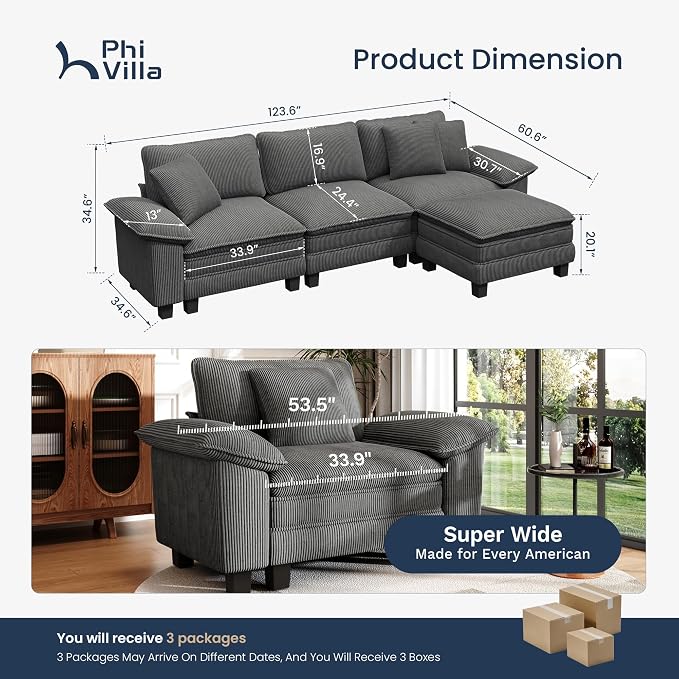 PHI VILLA Cloud Modular Couch Sets, 123.6" Sectional Sofa with L-Shaped Chaise, 4-Seater Upholstered Couches with MCorduroyovable Ottoman for Living Room, Corduroy Fabric, Grey