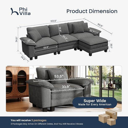 PHI VILLA Cloud Modular Couch Sets, 123.6" Sectional Sofa with L-Shaped Chaise, 4-Seater Upholstered Couches with MCorduroyovable Ottoman for Living Room, Corduroy Fabric, Grey