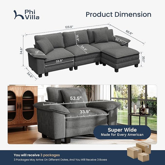 PHI VILLA Cloud Modular Couch Sets, 123.6" Sectional Sofa with L-Shaped Chaise, 4-Seater Upholstered Couches with MCorduroyovable Ottoman for Living Room, Corduroy Fabric, Grey