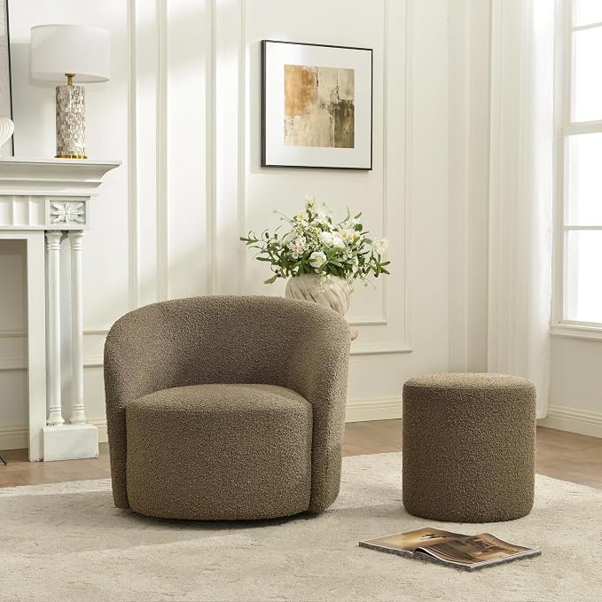 KINWELL 34" Boucle Swivel Barrel Chair with 18" Round Ottoman Set, Fully Assembled Set of Sherpa Accent Chair and Footrest, Modern Comfy Armchair and Footstool for Living Room and Bedroom, Teddy Brown