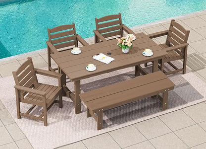 SERWALL Outdoor Dining Set for 6, HDPE Furniture with Umbrella Hole & Bench & Chairs, All Weather, Brown