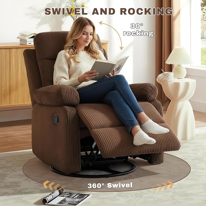 Rocking Recliner Chair,Modern Swivel Glider Recliner Chair,Corduroy Fabric Upholstery Recliner,Manual Reclining Sofa Chair for Living Room,Office,Apartment (Brown)
