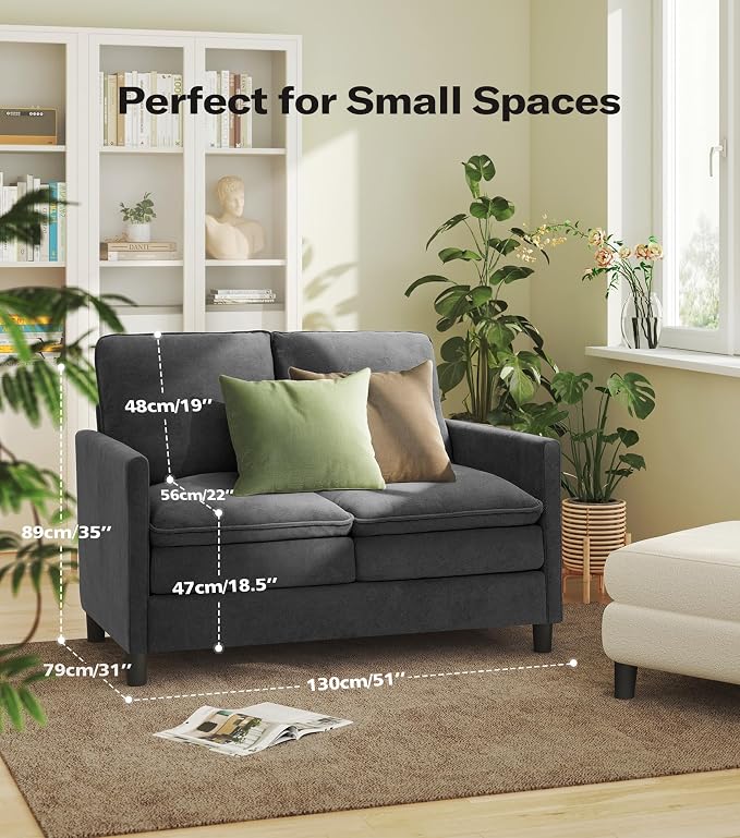 Welzona 3-Layers Cloud Loveseat Sofa, 51" Small Couch for Living Room, Bedroom - Tool-Free Assembly with Teddy Fabric Small Sofa - Grey - Futon Couch - Removable Washable Covers - 650lbs Capacity