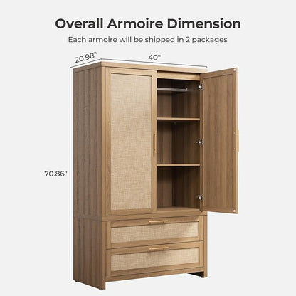 SICOTAS Armoire Wardrobe Closet, Larger Rattan Armoires Wardrobe Cabinet with 2 Drawers and Hanging Rod, Tall Closet Storage Cabinet for Cloak Room, Laundry Room, Bedroom, Oak (3 Pieces)