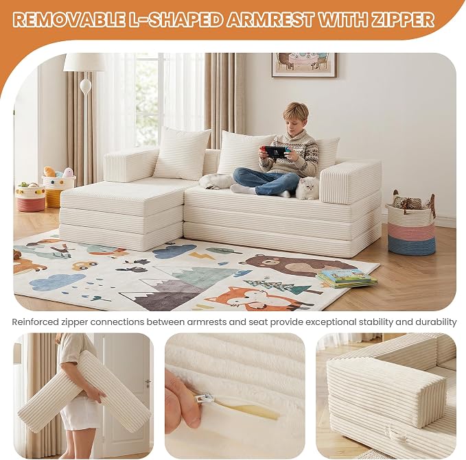 65" Boneless Couch,Convertible Sleeper Sofa Bed, Modular Sectional Sofa, Modern Tri-Folding Cloud Couch with L-Shape Chaise, Corduroy Futon Couches for Small Spaces Apartment,No Assembly