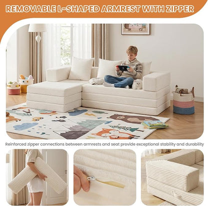 65" Boneless Couch,Convertible Sleeper Sofa Bed, Modular Sectional Sofa, Modern Tri-Folding Cloud Couch with L-Shape Chaise, Corduroy Futon Couches for Small Spaces Apartment,No Assembly
