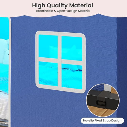 BTHFST Bunk Bed Twin Over Twin with Play Curtain, House Bunk Bed with LED Lights, Metal Boys Bunk Bed with Inclined Ladder and Guardrail, Space Saving, No Box Spring Needed, Royal Blue