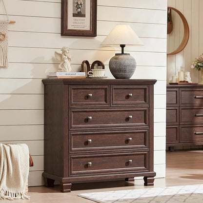 SAVOR LIFE Farmhouse Dresser and Nightstand Sets of 3, 6/5 Drawer Dresser & 2 Drawer Nightstand, Rustic Brown Bedroom Furniture Set for Home, Bedroom, Hallway, Walnut