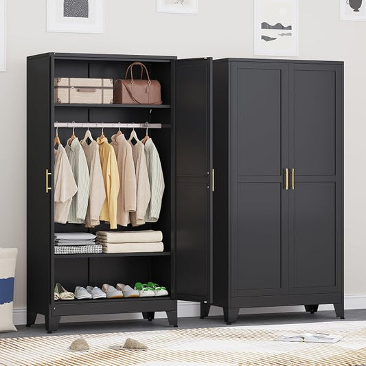 Ckzbx 71" H Metal Armoire Wardrobe Closet, Adjustable Shelve, Clothes Drying Pole, Steel Wardrobe Cabinet for Bedroom (Black)