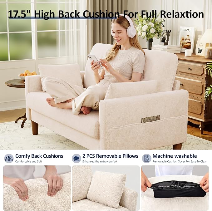 Vipbear 48" Loveseat Sofa,Modern Small Couches for Small Spaces,Beige Chenille Love Seat Couch for Living Room,Bedroom,Apartment,Office,Deep Seat,Throw Pillow,Side Pockets,Square Armrest