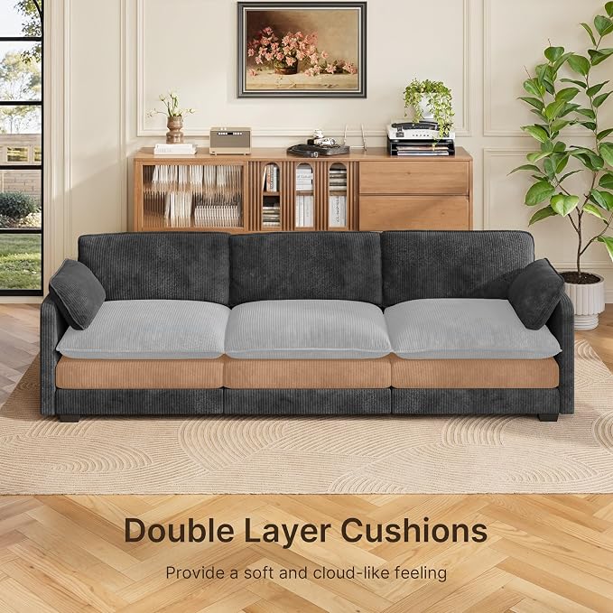 Gizoon 3 Seater Couches for Living Room, Cloud Sleeper Sofa with Double Cushion Corduroy Deep Seat Sofa Couches with 2 Pillows for Living Room Bedroom and Apartment,Pet-Friendly Fabric, Grey