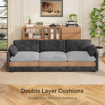 Gizoon 3 Seater Couches for Living Room, Cloud Sleeper Sofa with Double Cushion Corduroy Deep Seat Sofa Couches with 2 Pillows for Living Room Bedroom and Apartment,Pet-Friendly Fabric, Grey