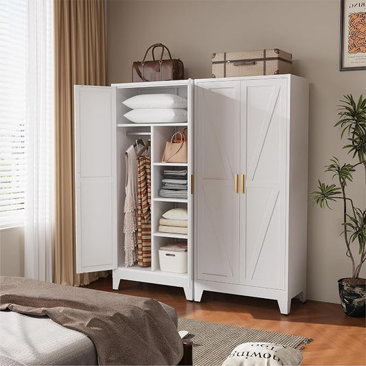COFaR 71" Metal Wardrobe Closet with Adjustable Shelves & Hanging Rod, Freestanding Armoire with Top Storage & Two-Section Design, White Steel Storage Cabinet for Bedroom