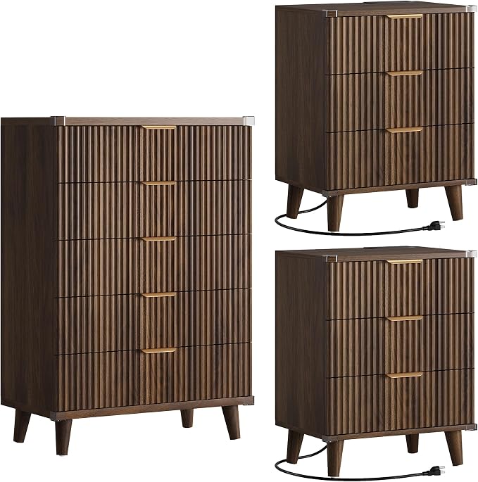 Lulive Dresser and Nightstand Sets 3-Piece, 2 Nightstands + 5-Drawer Dresser Bedroom Sets with Charging Station