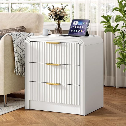 Decofy Fluted Nightstand with Charging Station, Modern Bedroom Side Table with Gold Handles, Curved Profile Design, End Table Wood Organizer for Bedroom, 19.7" & 3 Drawers (1 Pack, Pure White)