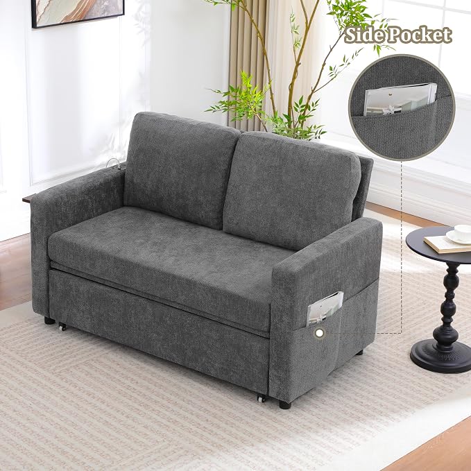 3 in 1 Folding Convertible Sleeper Sofa Bed Pull Out Couch with Side Pockets USB Port Side Table Loveseat Sofa Bed with Adjustable Backrest for Living Room Bedroom 66" Darkgrey 2 SEAT