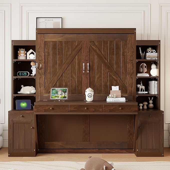 Merax Murphy Bed with Desk, Storage Cabinets and Drawers, Wood Wall Bed with Shelves, Convert to Cabinet, Space-Saving, Queen Size, Dark Brown