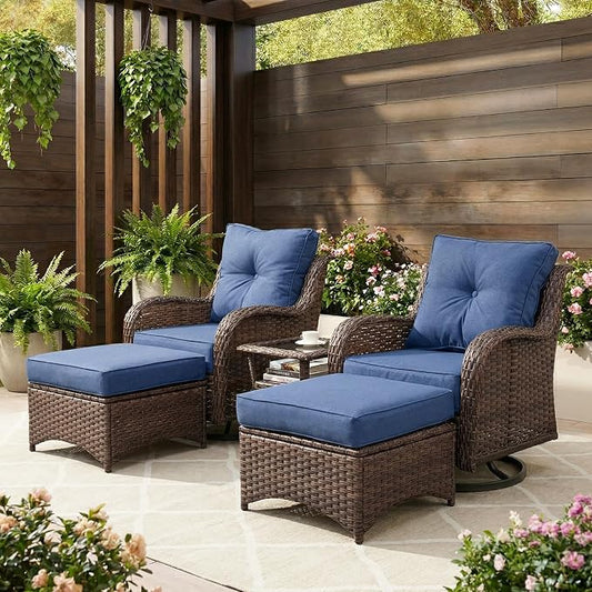 Patio Furniture Set, 5PCS Outdoor Wicker Conversation Set with 6" Thick Cushions, High Back Swivel Rocker Chairs, Weather Resistant Olefin Fabric for Garden, Poolside, Navy Blue