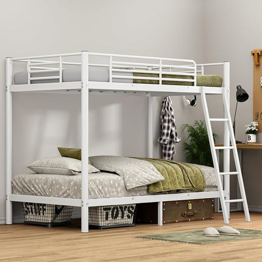 SDHYL Twin Over Twin Bunk Bed,Heavy Duty Metal Bed Frame with Stairs,Space Saving,Ideal for Dorms and Small Rooms,White