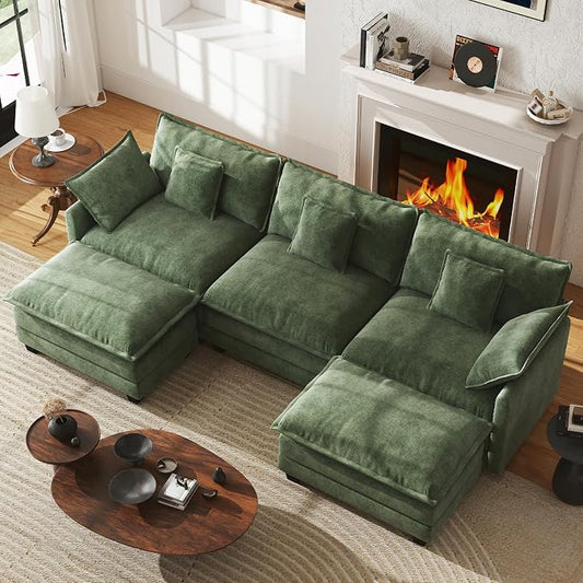 WorthFurni 111.4” Modular Sectional Sofa, U Shape Cloud Couch with 2 Movable Ottoman, Comfy Chenille Deep Seat Sofa with Soft Pillows for Living Room Apartment (Green)