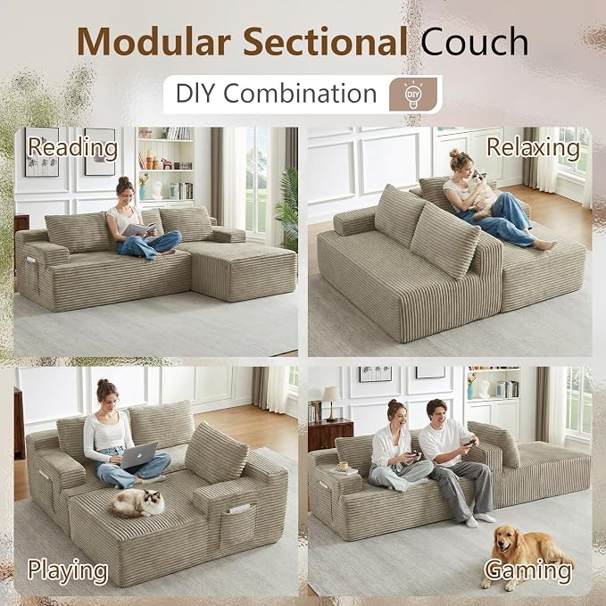 96" Cloud Sectional Couch with L-Shape Chaise, Modular Comfy Sofa Chaise Longue, Upholstered Corduroy Couches Sleeper with Deep Seat for Living Room Bedroom, No Assembly Required(Camel, Right Facing)