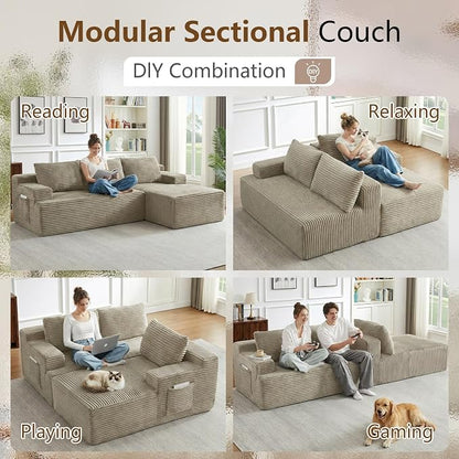 96" Cloud Sectional Couch with L-Shape Chaise, Modular Comfy Sofa Chaise Longue, Upholstered Corduroy Couches Sleeper with Deep Seat for Living Room Bedroom, No Assembly Required(Camel, Right Facing)
