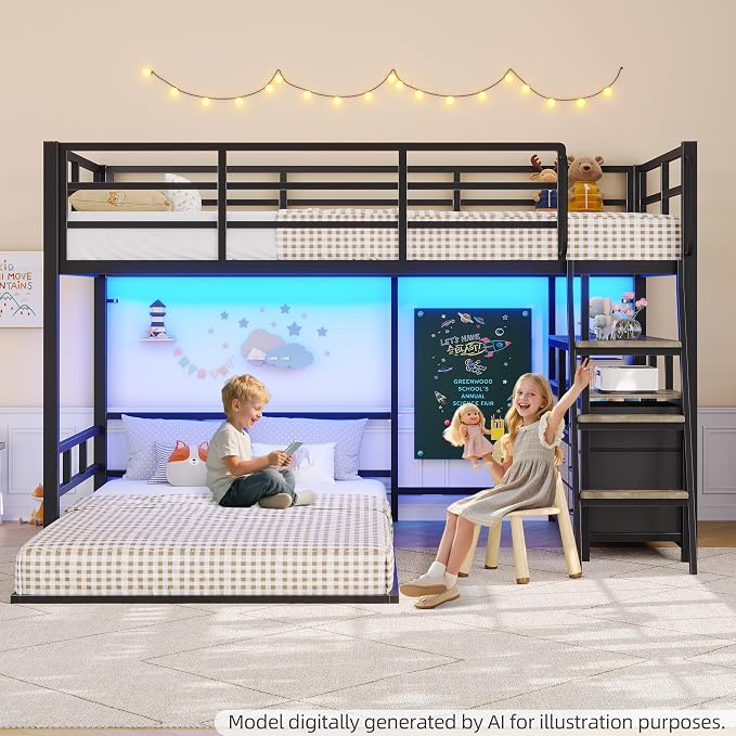 busyaeh Bunk Bed Twin Over Twin, 8 Drawer & 4 Shelve，15" H Safety Guardrail | Low Bunk Bed with LED Light,Metal L-Shaped Twin Bunk Bed with Charging Station,Floor Bunk Bed with Ladder,Bunk Bed,Oak Gray