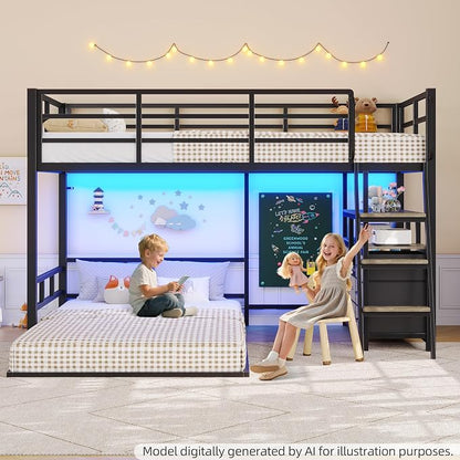 busyaeh Bunk Bed Twin Over Twin, 8 Drawer & 4 Shelve，15" H Safety Guardrail | Low Bunk Bed with LED Light,Metal L-Shaped Twin Bunk Bed with Charging Station,Floor Bunk Bed with Ladder,Bunk Bed,Oak Gray