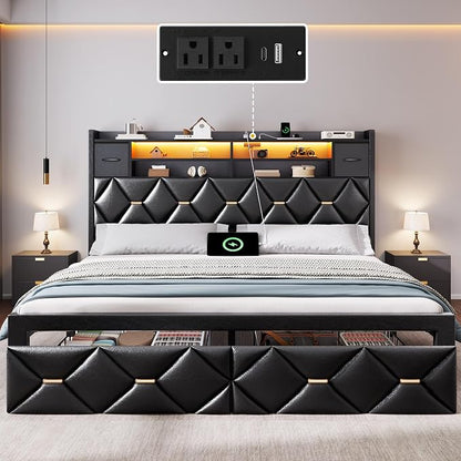 DWVO King Size Bed Frame with 2 Storage Drawers and Storage Headboard, Upholstered Platform with Charging Station and LED Light, No Box Spring Needed, Noise Free, Easy Assembly, PU Leather Black