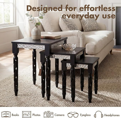 Hyfirm Black Nesting Tables Set of 3 - Mid Century Modern Accent End Tables with Durable Veneered Top, Spiral Wood Legs & Hexagonal Silver Apron, Ideal for Living Room, Bedroom & Small Apartments