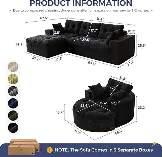 MAXYOYO L Shape Sectional Sofa Couch and Round Chaise Lounge, Modern Cloud Couch with Ottoman, Comfy Sofa with Layered Cushion, Tufted Upholstered Chair for Living Room, No Assembly Required