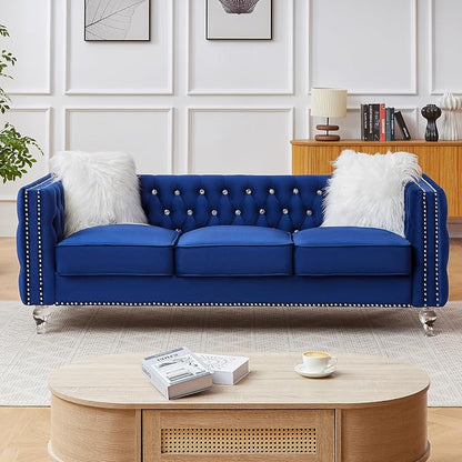 83" Chesterfield Sofa, Velvet Mid-Century Modern Upholstered Couch with 2 Throw Pillows and Acrylic Legs, Nailhead Button Tufted Vintage Sofa for Living Room, Apartment, Office, Blue