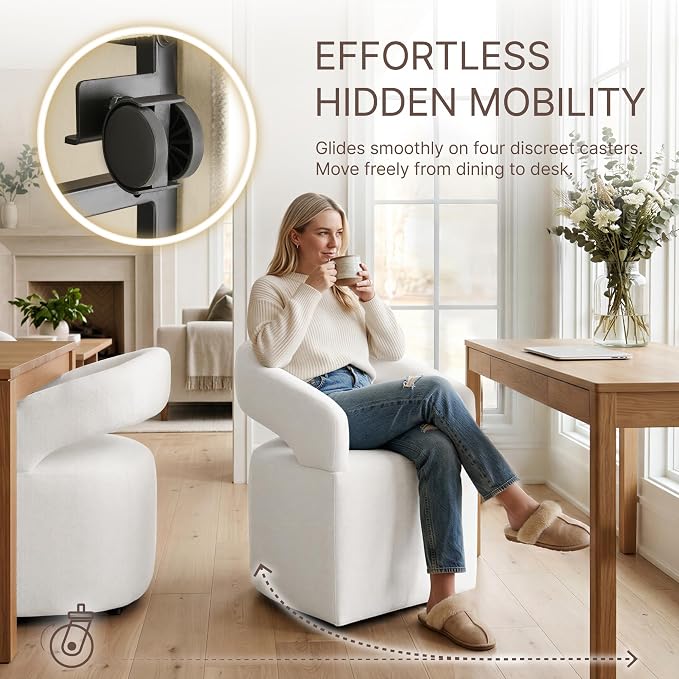 KISLOT Upholstered Dining Chairs Set of 1, Modern Arm Kitchen & Dining Room Chairs with Hidden Casters, Linen Fabric Padded Rolling Chairs, Sturdy Wood Frame, 300 lbs Capacity, Beige