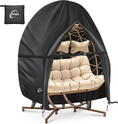 Kipiea Patio Egg Chair Covers Waterproof, 500D Upgraded Outdoor Hanging Egg Chair Covers with Waterproof Zipper, Double Seat Swing Egg Chair Cover, Windproof, Anti-UV, No Tears (Up to 80" W x 91" H)