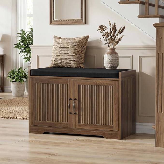 Entryway Shoe Storage Bench with Upholstered Seat, Double Door Cabinet, Adjustable Shelving, Slatted Front, Engineered Wood Organizer for Hallway, Foyer, Mudroom, Bedroom, Walk-In Closet (Walnut)