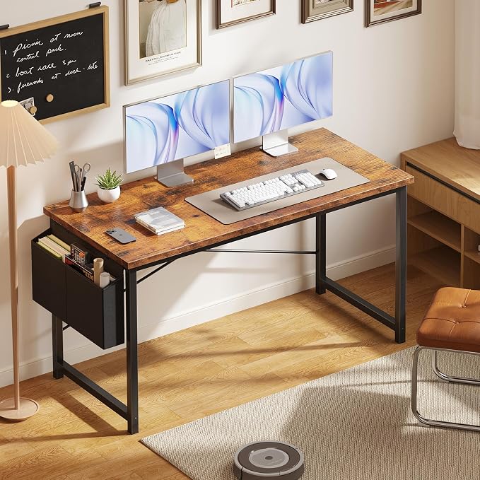 OLIXIS Computer Desk, 55 Inch Home Office Desks for Small Spaces, Writing Craft Study Gaming Table for Bedroom, Modern Computer Workstation with Storage Bag, Rustic Brown