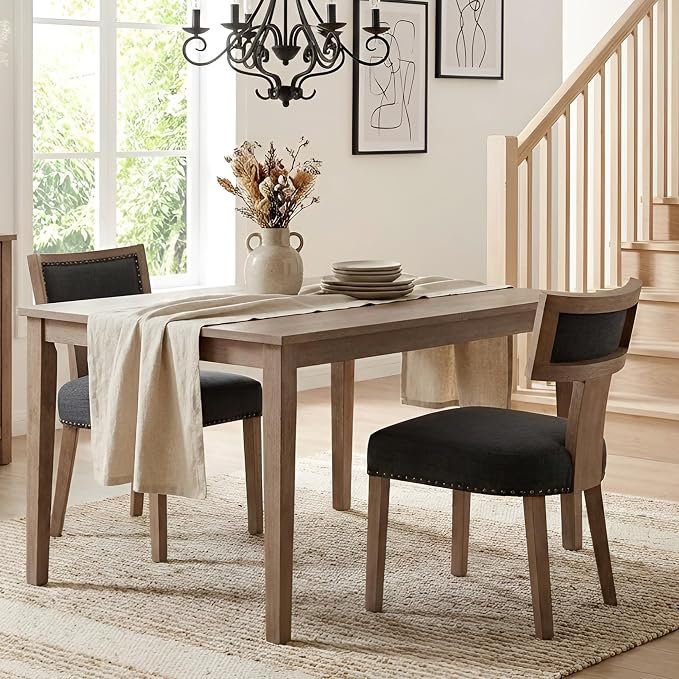 HNY Mid Century Modern Dining Chairs Set of 2, Farmhouse Linen Fabric Upholstered Accent Chairs Curved Nailhead Trim Backrest Kitchen Chairs, with Hardwood Frame, Charcoal