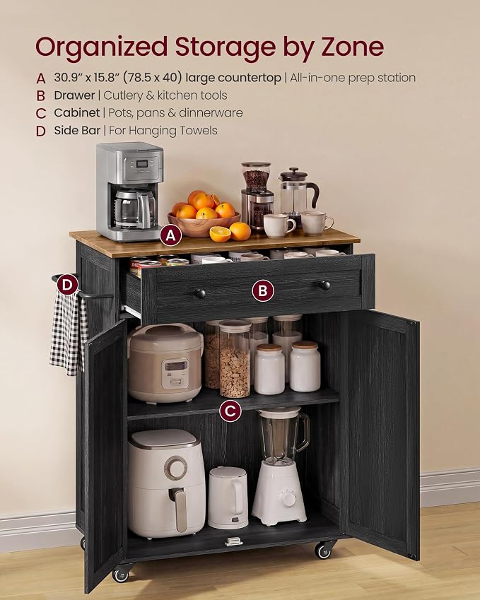 VASAGLE Mobile Kitchen Island, Portable Island on Wheels, Mobile Cart with Storage Cabinet for Dinning Room, 15.8 x 30.9 x 35.1 Inches, Ink Black and Honey Brown UKKI009BA01S
