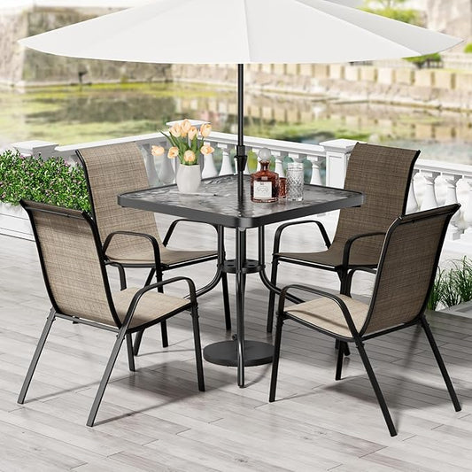 TLSUNNY Patio Dining Set 5 Pieces, All Weather Outdoor Furniture W/30"X 30" Table and 4 Stackable Textilene Chairs, Metal Table and Chairs for Lawn, Garden, Poolside, Backyard (Umbrella not Included)