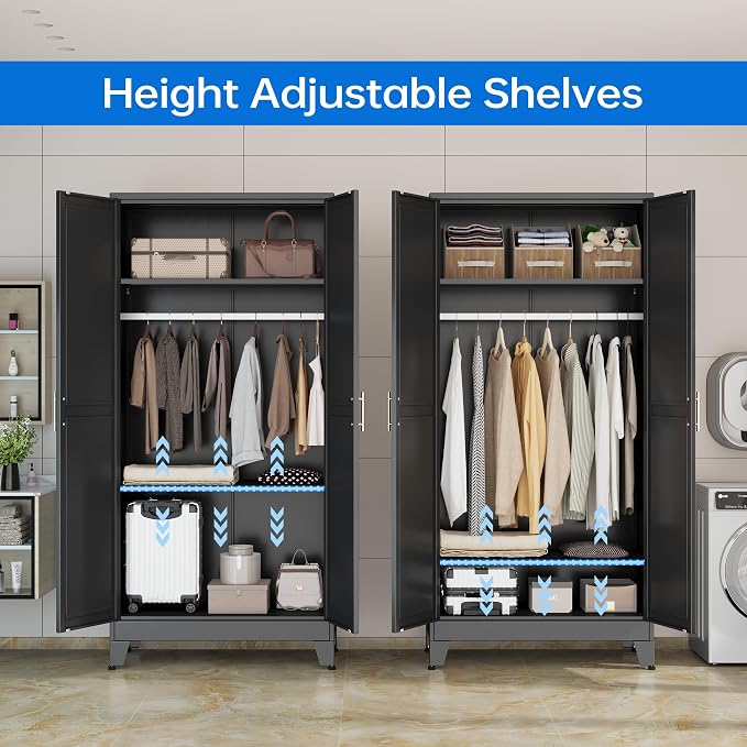 PAOFIN 71" Metal Armoire Wardrobe Closet, Bedroom Clothing Storage Cabinet with 2 Drawers and Hanging Rod, Freestanding Armoire Cabinet with Adjustable Shelves (Black)