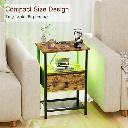 LOAKEKEL Nightstand with Charging Station, End Table with Fabric Drawer, LED Night Stand for Bedroom, Small Bed Side Table with USB Ports and Outlets, Brown, HETS01BR-1