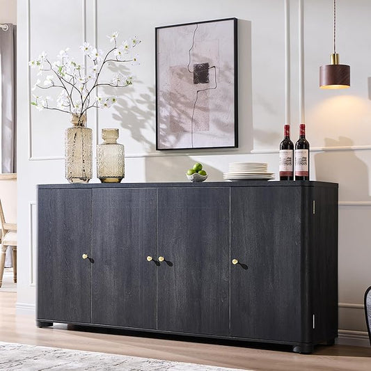IFGET Curved Buffet Cabinet with Doors, 66" Large Sideboard Buffet Storage Cabinet with 4 Doors and Shleves, Modern Coffee Bar Station Wood Kitchen Table for Kitchen, Dining Room, Dark Grey